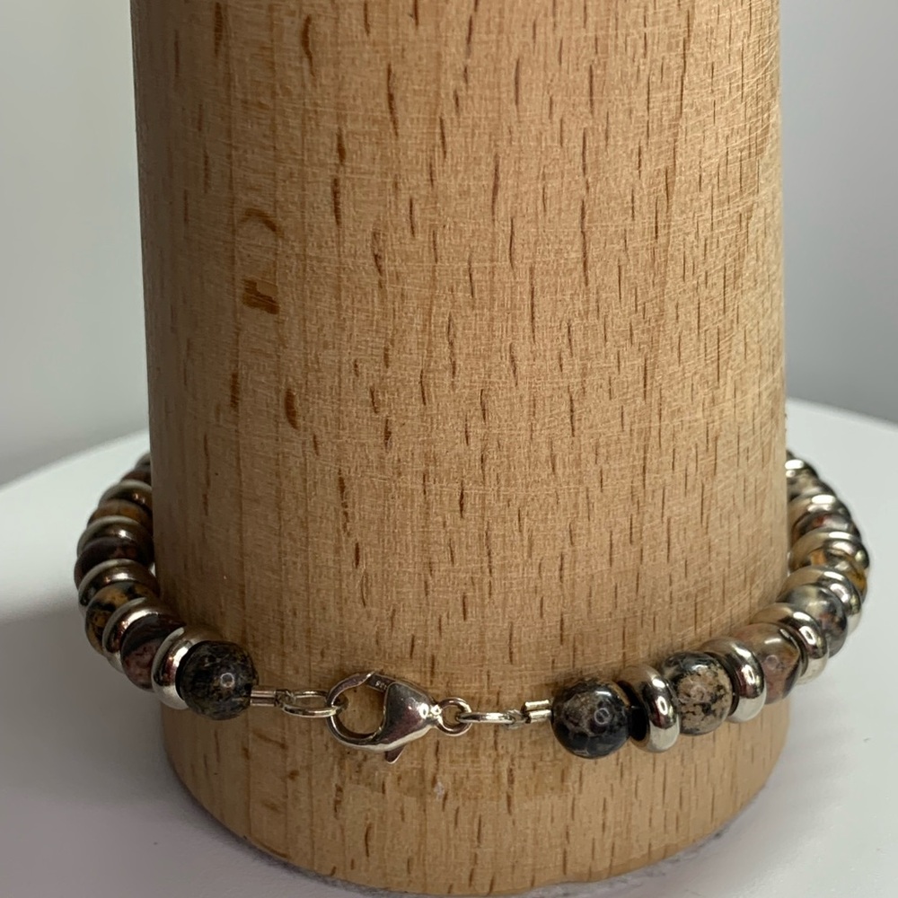 Vintage Sterling Silver & Leopard Jasper 6MM Beaded Bracelet 7-1/2” Long - Picture 6 of 16